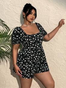 SHEIN EZwear Mono holgado con estampado floral menudo para tallas grandes, ideal para vacaciones de primavera/verano