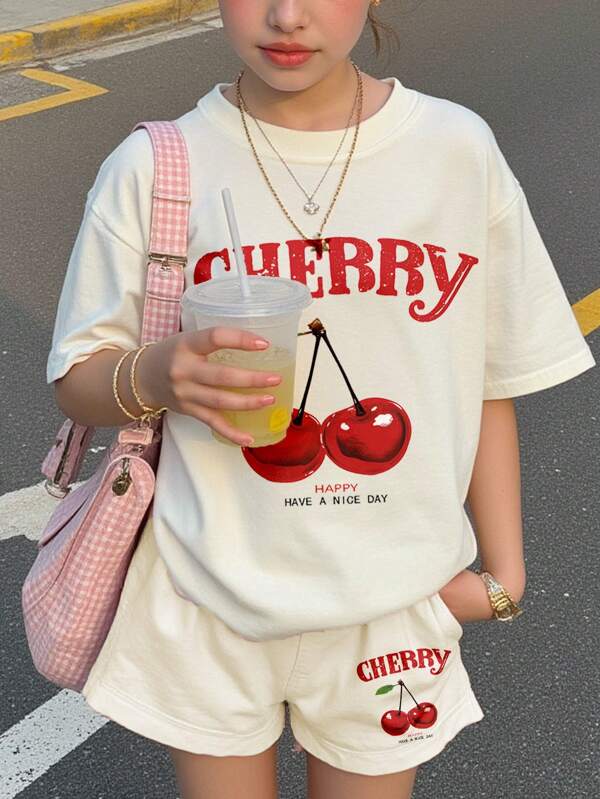 SHEIN 2pcs/Set Tween Girls Retro Cherry Print Cream White Casual Crew Neck Short Sleeve T-Shirt And Shorts Set, Summer