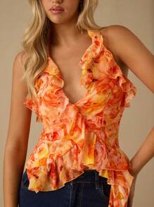 Enchnt Top casual de verano de mujer con volantes, cuello de halter y espalda descubierta con estampado total