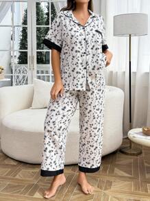 SHEIN Plus Size Women Floral Print Contrast Color Pocket Shirt And Pants Pajama Set