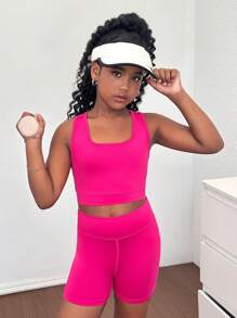 SHEIN Setelan Atasan Camisole Rajut Polos Berlubang di Bagian Belakang dan Celana Pendek Biker untuk Anak Perempuan Remaja, Cocok untuk Yoga, Hari Olahraga, dan Kembali ke Sekolah. - Hot Pink - View 2