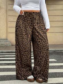 Muchica Plus Size Loose Straight Leg Pants With Leopard Print, Casual, For Autumn/Winter