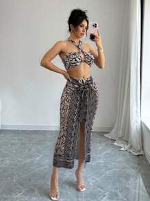 Swim Oasis 3pcs/Set: Random Graphic Print Bandeau Crop Top, High Waist High Cut Bottoms & Random Print Tie Waist Skirt Summer