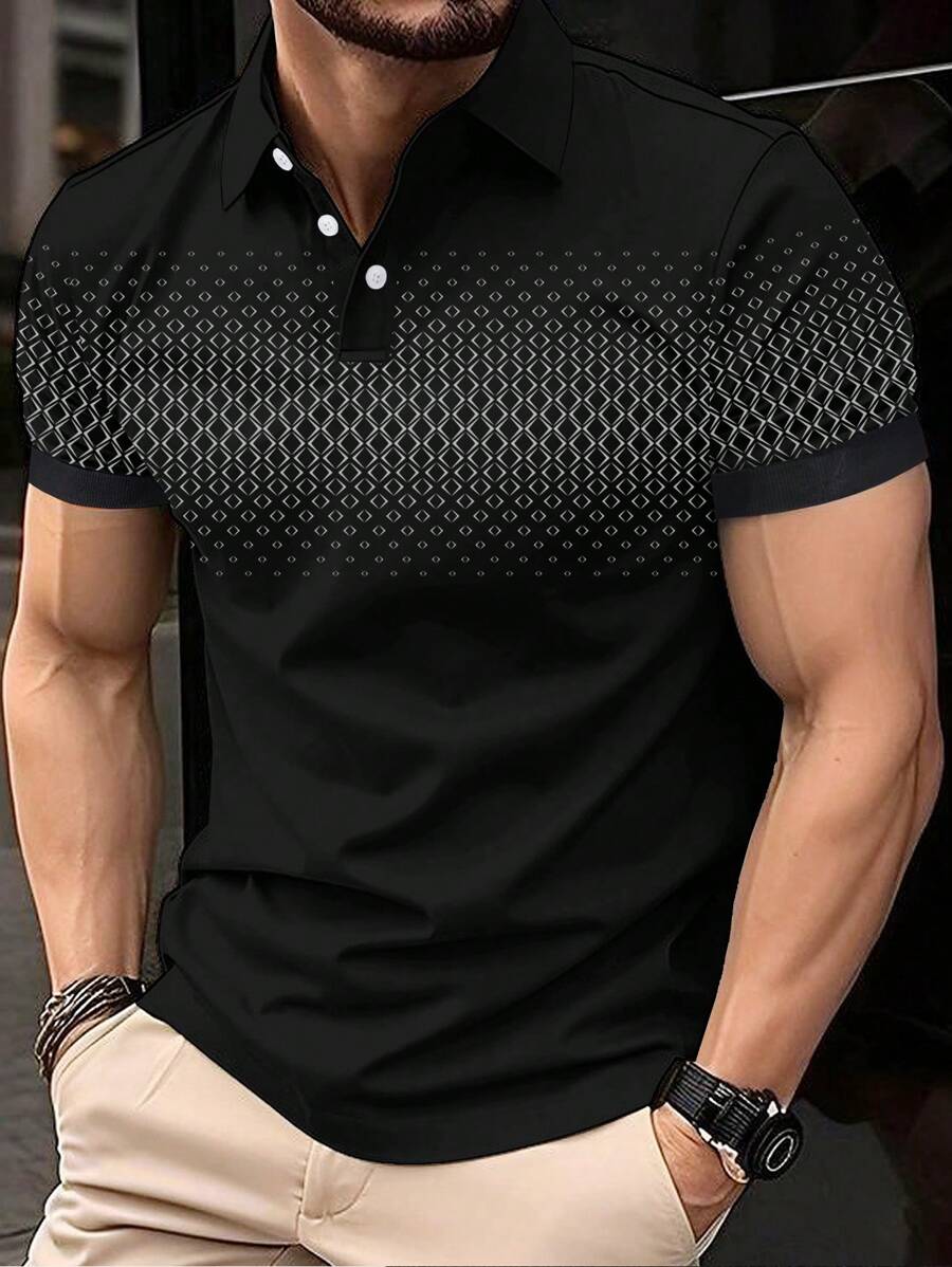 Manfinity Homme 男士夏季几何印花短袖休闲通勤Polo衫 男士Polo衫 男士Polo衫 男士衬衫 Polo 衫 男士T恤 男士修身衬衫 - 黑色 - 查看 1