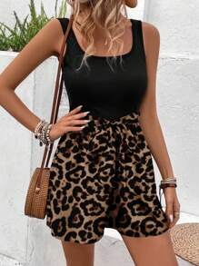 SHEIN LUNE Bộ đồ liền thân không tay cổ vuông họa tiết da báo cỡ lớn dành cho nữ, phù hợp cho mùa hè - Nhiều màu - Xem 4