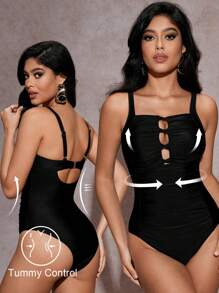 SHEIN Swim 1 bộ đồ bơi một mảnh dây chéo khoét rỗng màu trơn cho nữ, khu nghỉ dưỡng bãi biển - màu đen - Xem 1