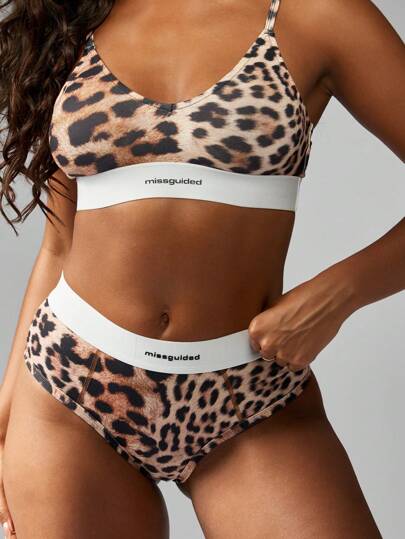 MISSGUIDED Leopard Print Bralette High Waisted Athletic Sporty Crop Top Weekend Lounge Underwear Everyday Wear Active Support Bra Spring Summer