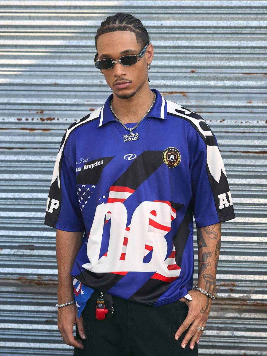 AXEPEAK Ropa deportiva casual de calle con diseño de jersey deportivo, top corto de manga corta, estampado con bandera, camisa tipo polo para hombre, escuela - Azul - Ver 1