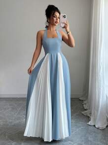 Elenzga 女士优雅露背系带腰摆拼色褶皱拼接连衣裙，适合夏季日常、外出、休闲、聚会、约会、购物等 - 藍色 - 查看 1