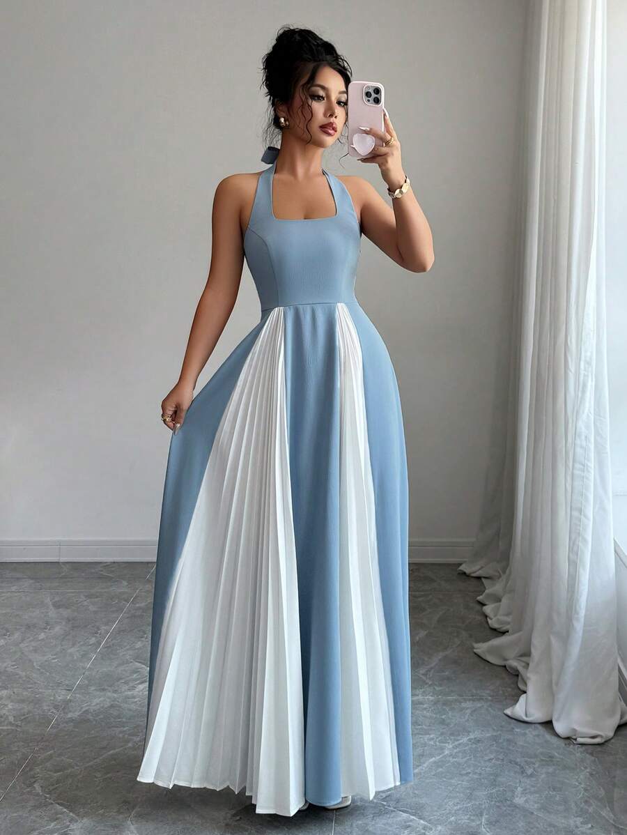 Elenzga 女士优雅露背系带腰摆拼色褶皱拼接连衣裙，适合夏季日常、外出、休闲、聚会、约会、购物等 - 藍色 - 查看 1