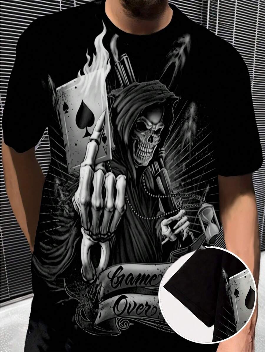 Manfinity LEGND Men's Casual Skull Graphic Round Neck Short Sleeve T-Shirt, Versatile