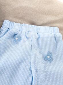 Souflis Souflis 2pcs/Set Toddler Girls' Spring/Summer Casual Countryside Holiday Cute Sweet Embroidered Blue&White Gingham Sleeveless Camisole Shirt & Straight Pants Set - Blue - View 3