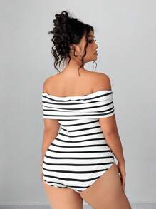 Elenzga Body de mujer talla grande con hombros descubiertos y plisado a rayas - Blanco y Negro - Ver 2