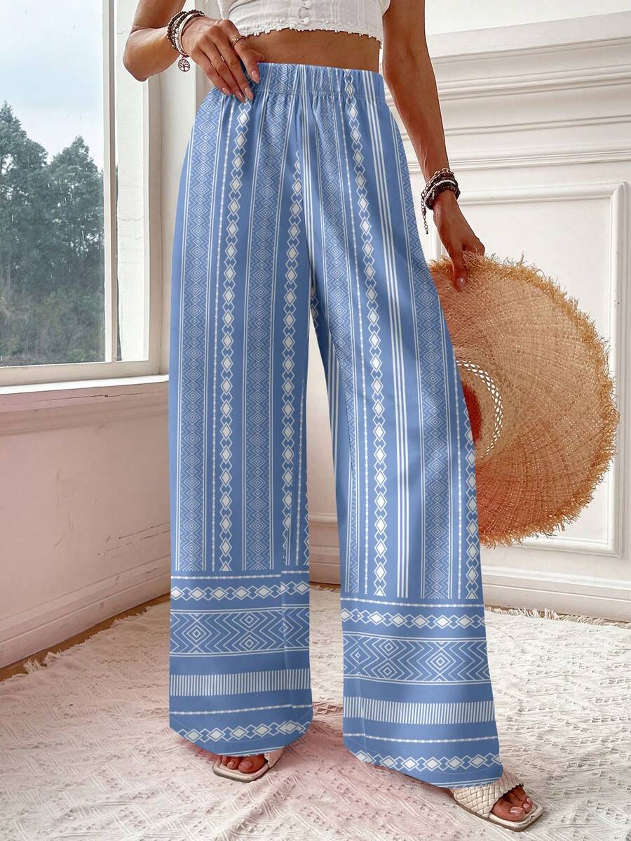 Travachic Women's Geometric Print Loose Wide Leg Casual Vacation Pants,Fall Women Clothes - Blue - View 1