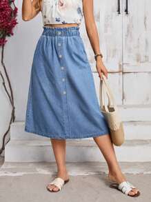 Breezaya Women Casual Washed Button Up Denim Skirt - Blue - View 4