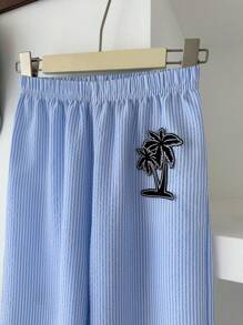 SHEIN 青少年男孩夏季轻便度假蓝色泡泡条纹宽松裤 - 藍色 - 查看 8