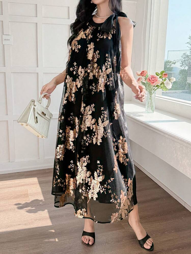 Women's Summer Sleeveless Textured Tie-Up Halter Maxi Elegant Party Dress Floral Dresses For Women