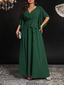 Auvina Plus Size Women V-Neck Ruffle Waist Tie Slit Elegant Long Bodycon Maxi Party Dress, Short Sleeve - Dark Green - View 6