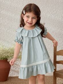Blossori Baby Girls' Collegiate Blue Ruffle Collar Puff Sleeve Dress - Blue and White - View 1