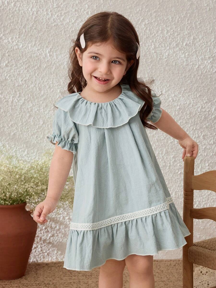 Blossori Baby Girls' Collegiate Blue Ruffle Collar Puff Sleeve Dress - Blue and White - View 1
