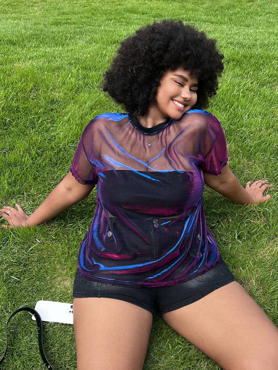 SHEIN EZwear 大码春夏女式彩虹色透明短袖上衣