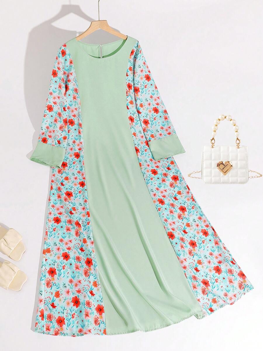 Arabic Style Maxi Dress/Abaya For Women, Loose Fit, Simple Yet Elegant Design. Floral Patchwork Maintains Traditional Charm With Fashion Elements, Suitable For Various Occasions. Suitable For Spring, Summer And Autumn Wear., Modest - Green - View 1