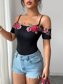 Elenzga 女士时尚优雅细肩带露肩短袖休闲 T 恤，夏季 - 黑色 - 查看 4