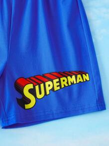 SUPERMAN X SHEIN 男童卡通超级英雄图案蓝红宽松短袖T恤和短裤两件套 - 藍色 - 查看 5