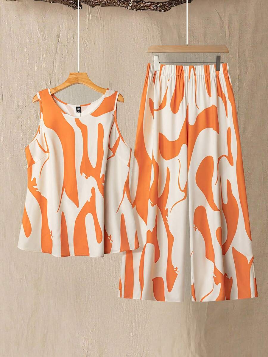SHEIN Tall Set de 2 piezas - Top sin mangas de cuello redondo y pantalón largo de cintura elástica, diseño elegante para el diario y la playa, en color naranja, talla grande y diseño alargado - Naranja - Ver 1