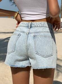 Livesso Women's Casual Fitted Frayed Hem Denim Shorts - Baby Blue - View 3