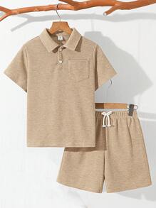 SHEIN 2 件套青少年男孩宽松纯色翻领短袖 Polo 衫和短裤套装，通勤、上学、日常、运动休闲装，适合春夏季