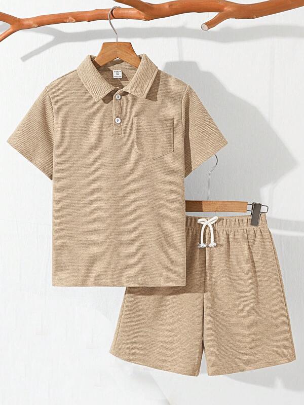 2 Stücke/Set für Tween Jungen mit lockerer Passform, einfarbigem Umlegekragen, kurzärmeligem Poloshirt und Shorts, lässiges Outfit für Pendeln, Schule, Alltag, Sport, geeignet für Frühling/Sommer
