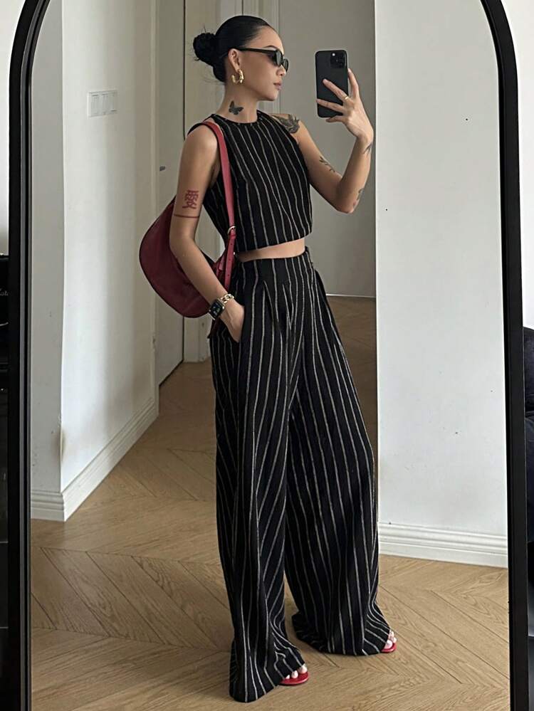 2pcs Women Summer Casual Striped Halter Top And Pants Set