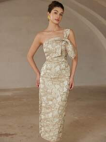 Aveloria Rosie Đầm dài dự tiệc sang trọng thanh lịch cổ điển mới cho quý cô, trang trí nơ chéo vai bất đối xứng, bó sát cơ thể, không tay, vải jacquard - Nhiều màu - Xem 4