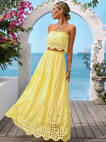 Vivid Eden 女士夏季度假休闲抹胸长裙两件套日常穿着，女士夏季服装，度假风格，黄色两件套，度假服装，可爱夏季上衣，海滩度假服装 - 黃色 - 查看 3