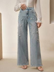 Anewsta Women Casual Distressed Crystal & Faux Pearl Straight-Leg Pants