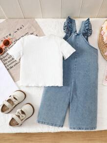 SHEIN Vintaside Kids 2 Pieces Baby Girl Set Blue Summer Cute Modest Matching Family Floral Embroidered Denim Overalls Solid Color Short-Sleeved Top Party White Autumn Fall - Multicolor - View 2