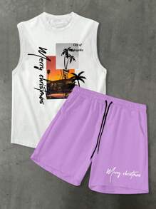Manfinity RSRT Men's Summer Letter & Palm Tree Printed Tank Top And Shorts Set - Mauve Purple - View 3