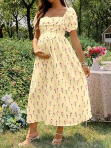 SHEIN Elegant Tulip Floral Print Maternity Dress For Summer - Yellow - View 5