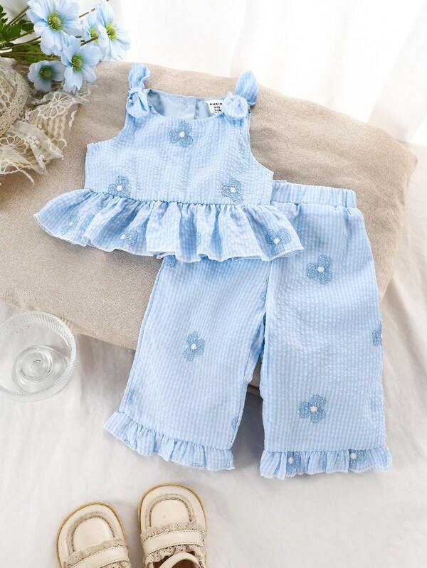 SHEIN 2pcs/Set Toddler Girls' Spring/Summer Casual Countryside Holiday Cute Sweet Embroidered Blue&White Gingham Sleeveless Camisole Shirt & Straight Pants Set