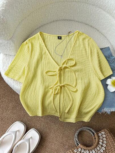 SHEIN LUNE Plus Size Women Summer Solid Color Front Tie Casual Short Sleeve Blouse