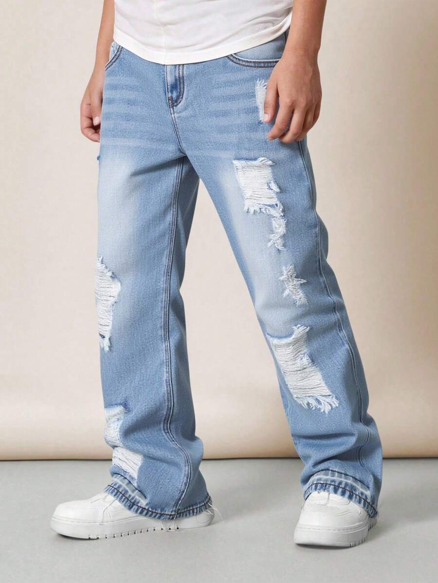 青少年男童复古美式做旧猫须牛仔裤，宽松休闲工装裤，蓝色，适合学校、校园、大学暑假穿着 - 中等水洗藍 - 查看 1