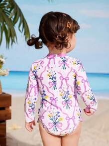 Toddler Girls' Cute Floral Print Purple Bow Accent Ruffle Trim One-Piece Swimsuit For Beach,Summer Toddler Swimsuit Long Sleeve Baby Rash Guard Toddler Rash Guard Baby Girl Swimsuit Long Sleeve Rash Guard Baby - Pink - View 2