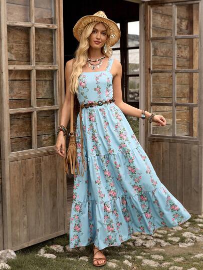 LanaWest Women's Blue & White Print Waist Cinched Vacation/Casual/Commute Strap Dress