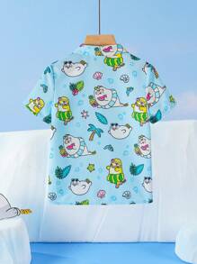 SEALOOK X SHEIN Áo thun tay ngắn thường ngày họa tiết cây cọ hoạt hình hải cẩu cho bé trai mùa hè bãi biển màu xanh dương - Màu xanh lam - Xem 2