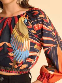 CAJUNI Women's Casual Tropical Colorful Parrot Print Bell Sleeve Cropped Shirt, Black Round Neck - Multicolor - View 3