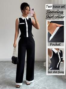 Elenzga Summer Autumn New Elegant Casual Slim Fit Splice Shirt Collar Sleeveless Open Front Short Top T-Shirt And Straight Pocket Knit Pants Women 2 Pieces Set - Black and White - View 8