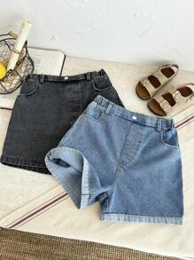 SHEIN 3 件套青少年女孩夏季休闲水洗牛仔短裤，简单百搭，适合居家、休闲和日常穿着，可与任何衣服搭配 - 彩色 - 查看 5