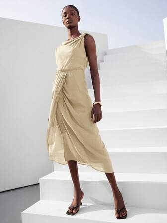 SHEIN Privé Elegant Resort Swing Collar Texture Fabric Asymmetric Shoulder Ruched Waist High Slit Dress For Women, Spring