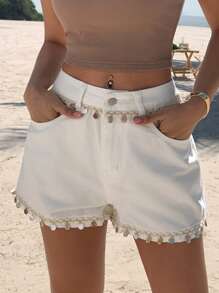 DAZY 复古贝壳亮片流苏阔腿牛仔短裤，女士高腰休闲A字裤度假装 - 白色 - 查看 4